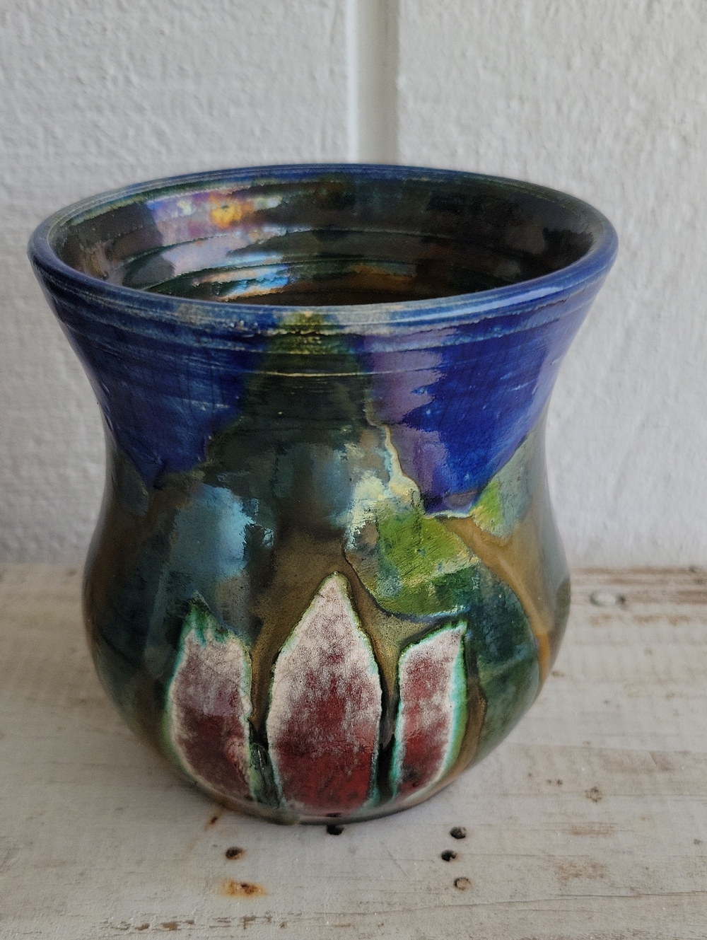 Handmade Blue, Green and Red Small  Ceramic Vase with Iridescent Glaze